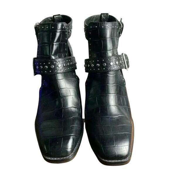 ZARA Black Croc Embossed Studded Ankle Boots Buckle Strap Block Heel US 7.5 - Picture 1 of 7